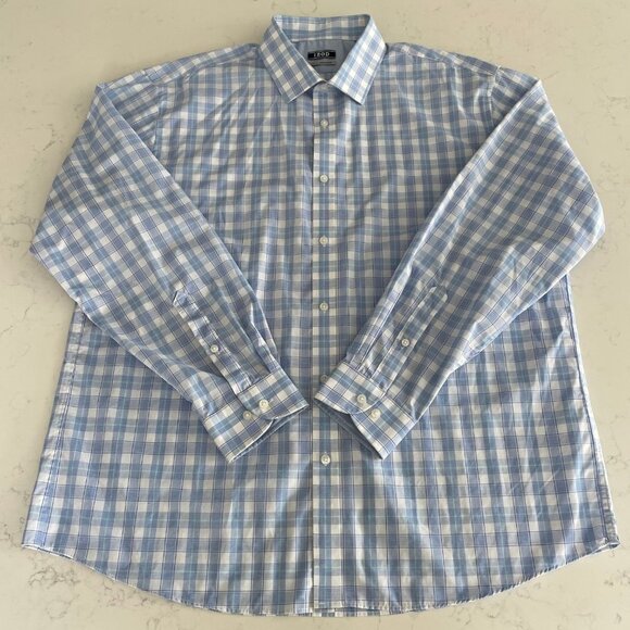 Izod Slim Fit LS Button Down Cotton Poly Plaid Dress Shirt Blue & Wht Sz 17.5 - Picture 2 of 13